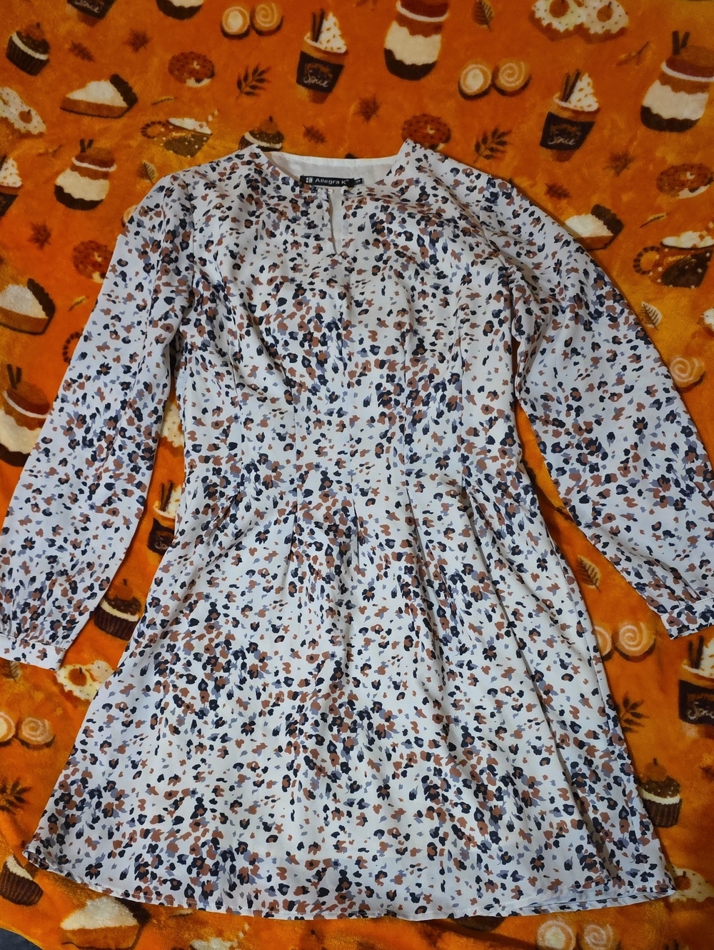Allegra K White Floral Speckle Long-Sleeve Dress